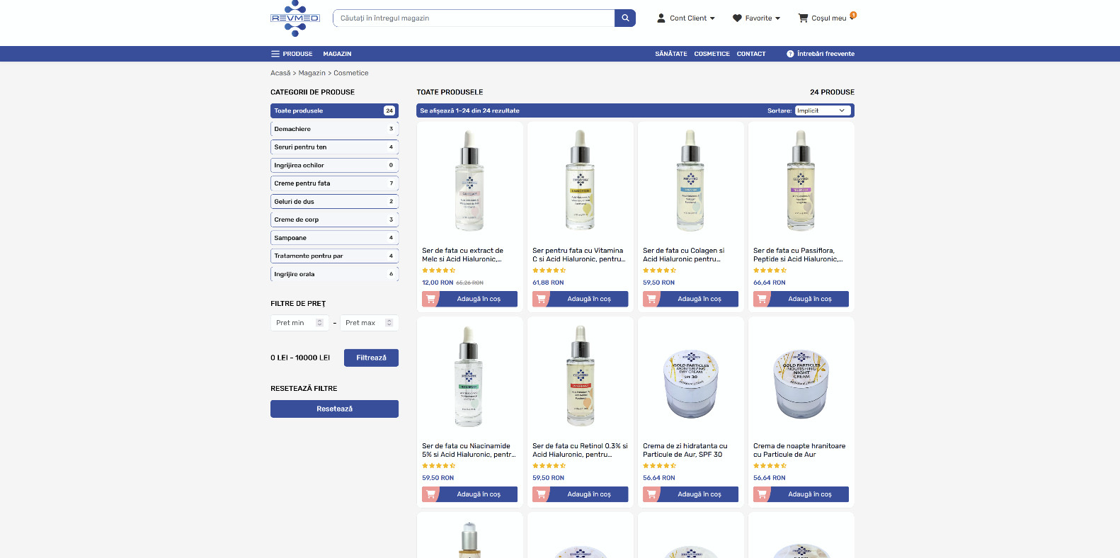RevMed, magazin online pentru o linie proprie de cosmetice, e-commerce full custom